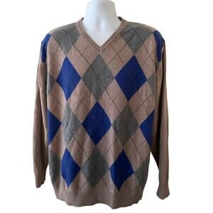 Luigi Baldo Mens Size 2XL Brown Blue Cashmere and Silk V Neck Sweater